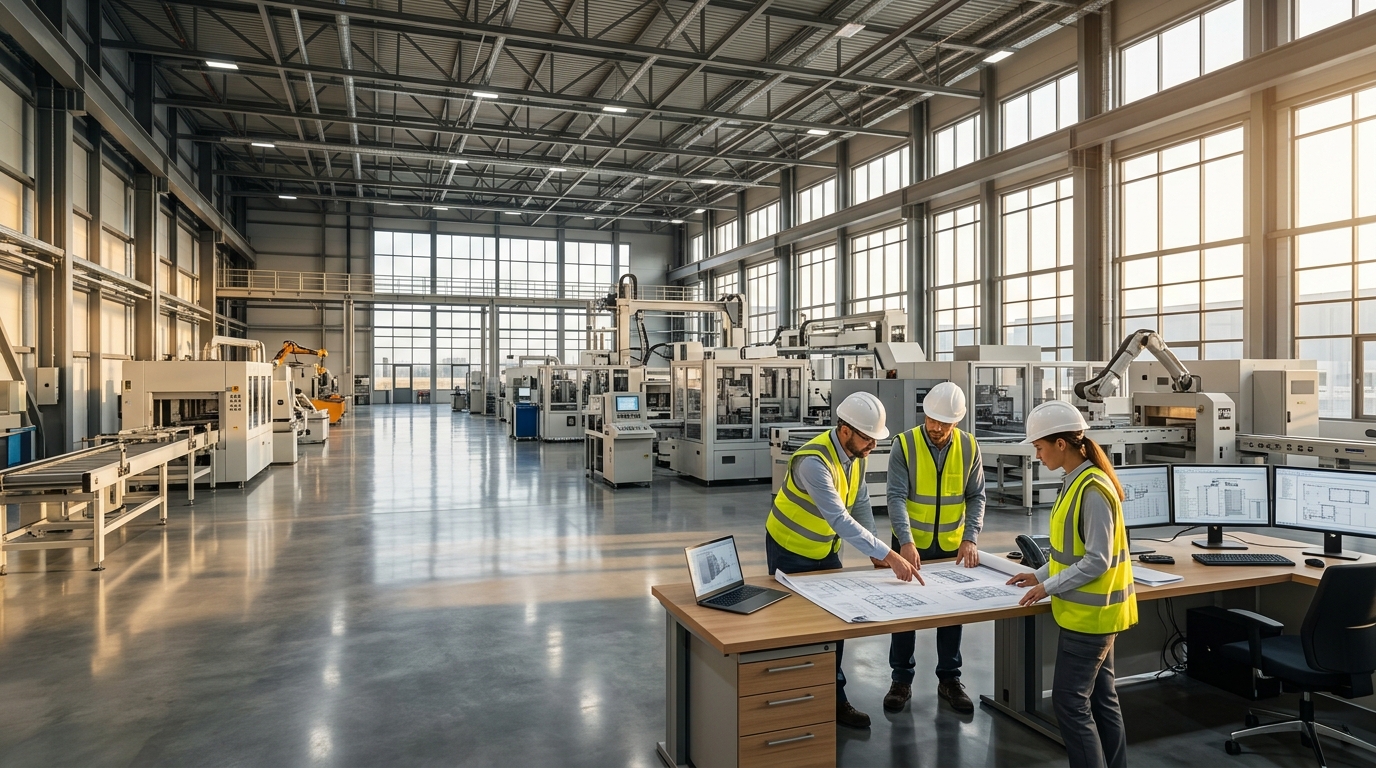 Engineers reviewing blueprints inside modern sanitation manufacturing facility in Kerala