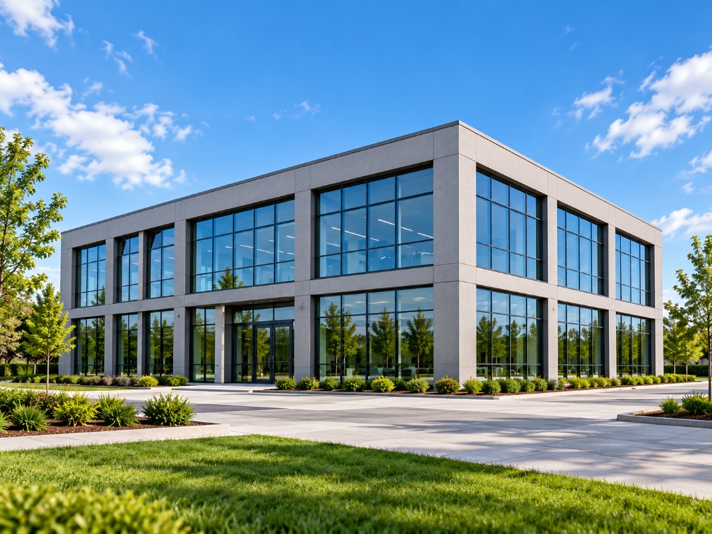 Modern commercial office building with large glass windows