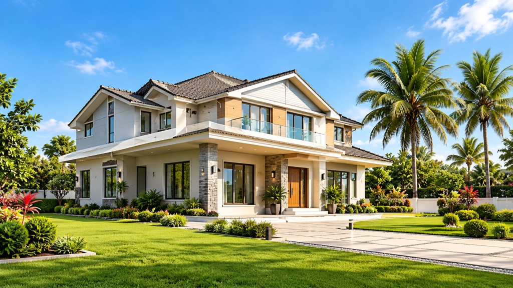 Modern individual home with tropical landscaping
