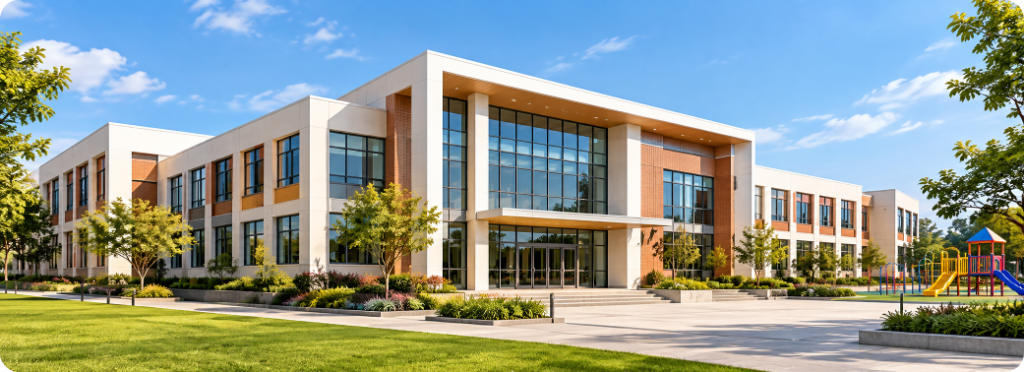 Modern school building with landscaped grounds and playground