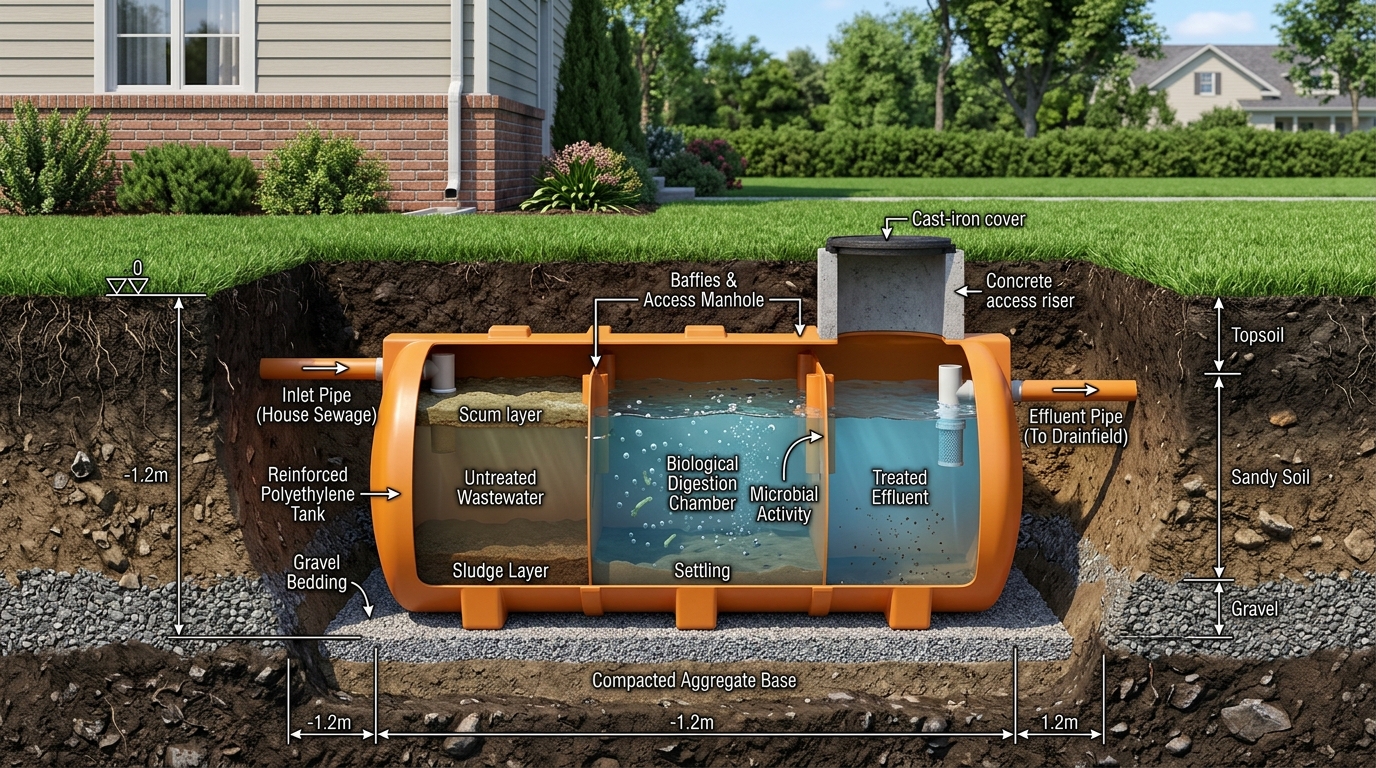 Subterranean horizontal septic tank cross-section schematic