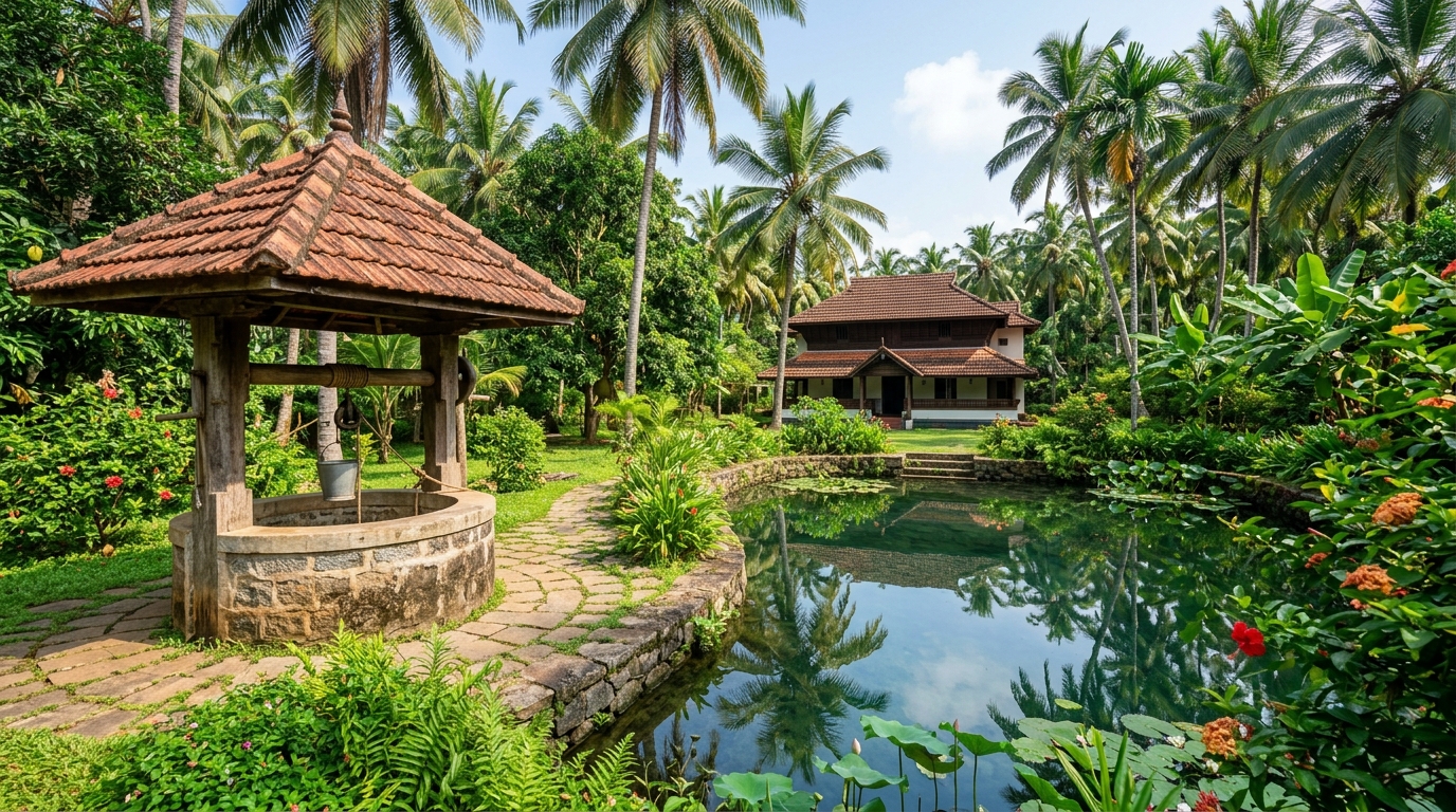 Kerala open drinking well and clean pond surrounded by lush greenery