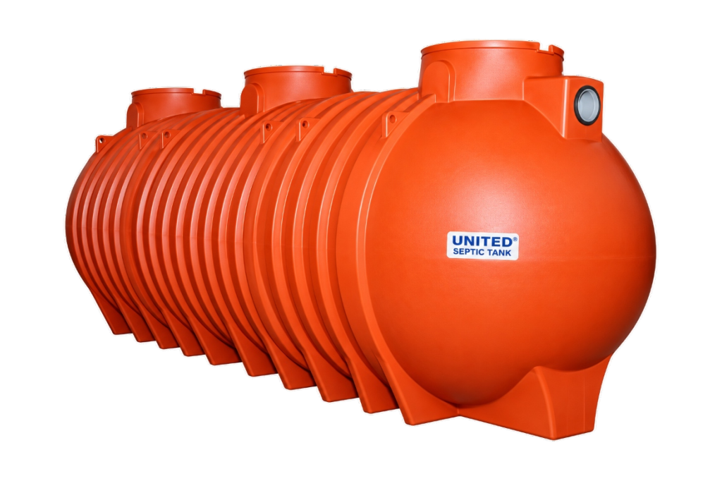 UNITED orange polyethylene septic tank with ribbed body and side outlet