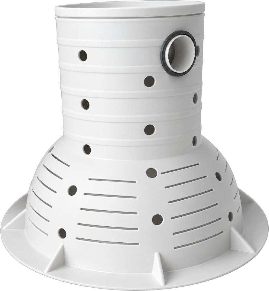 White soakaway chamber with perforations and a side pipe opening