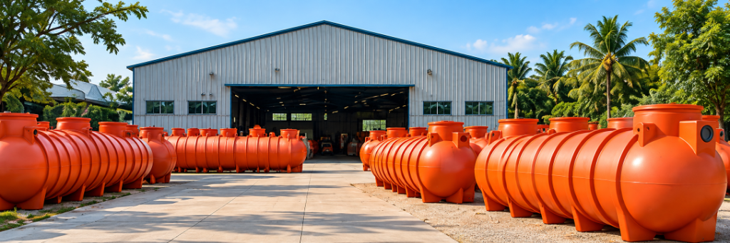 Rows of orange UNITED polyethylene septic tanks arranged outdoors in a tropical setting.