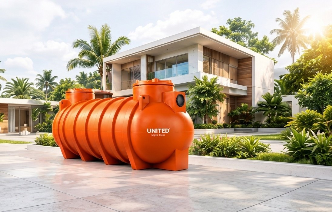 UNITED polyethylene septic tank beside a modern tropical residential home