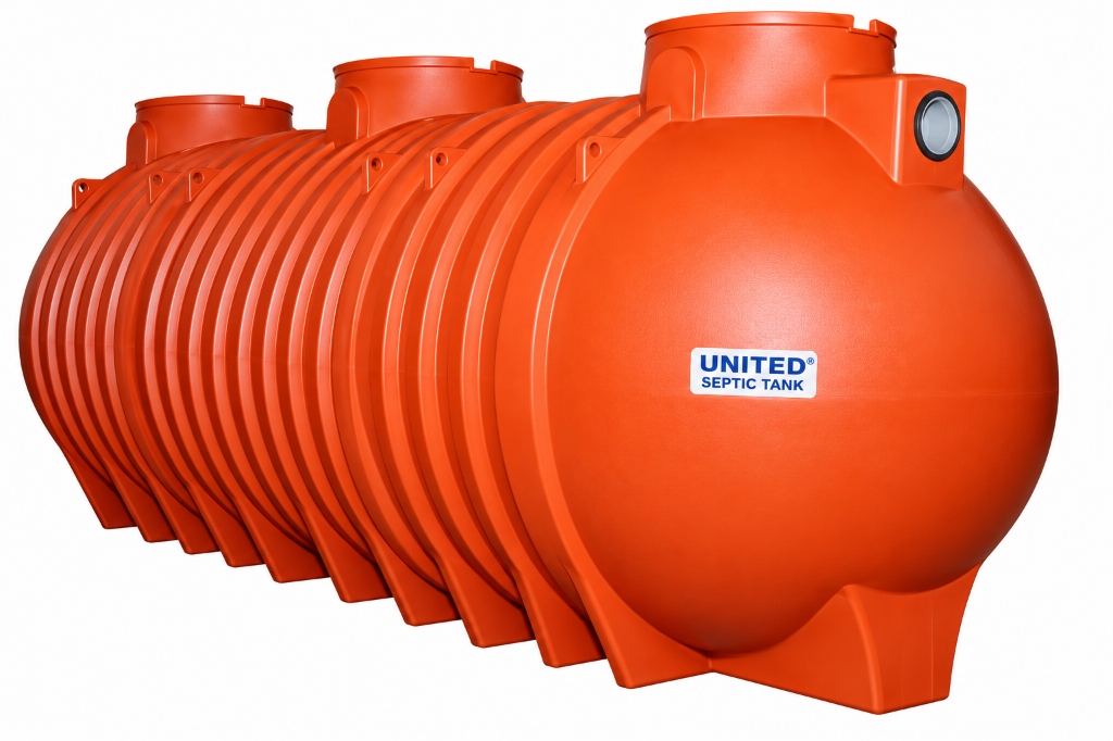 Large UNITED polyethylene septic tank on a white background