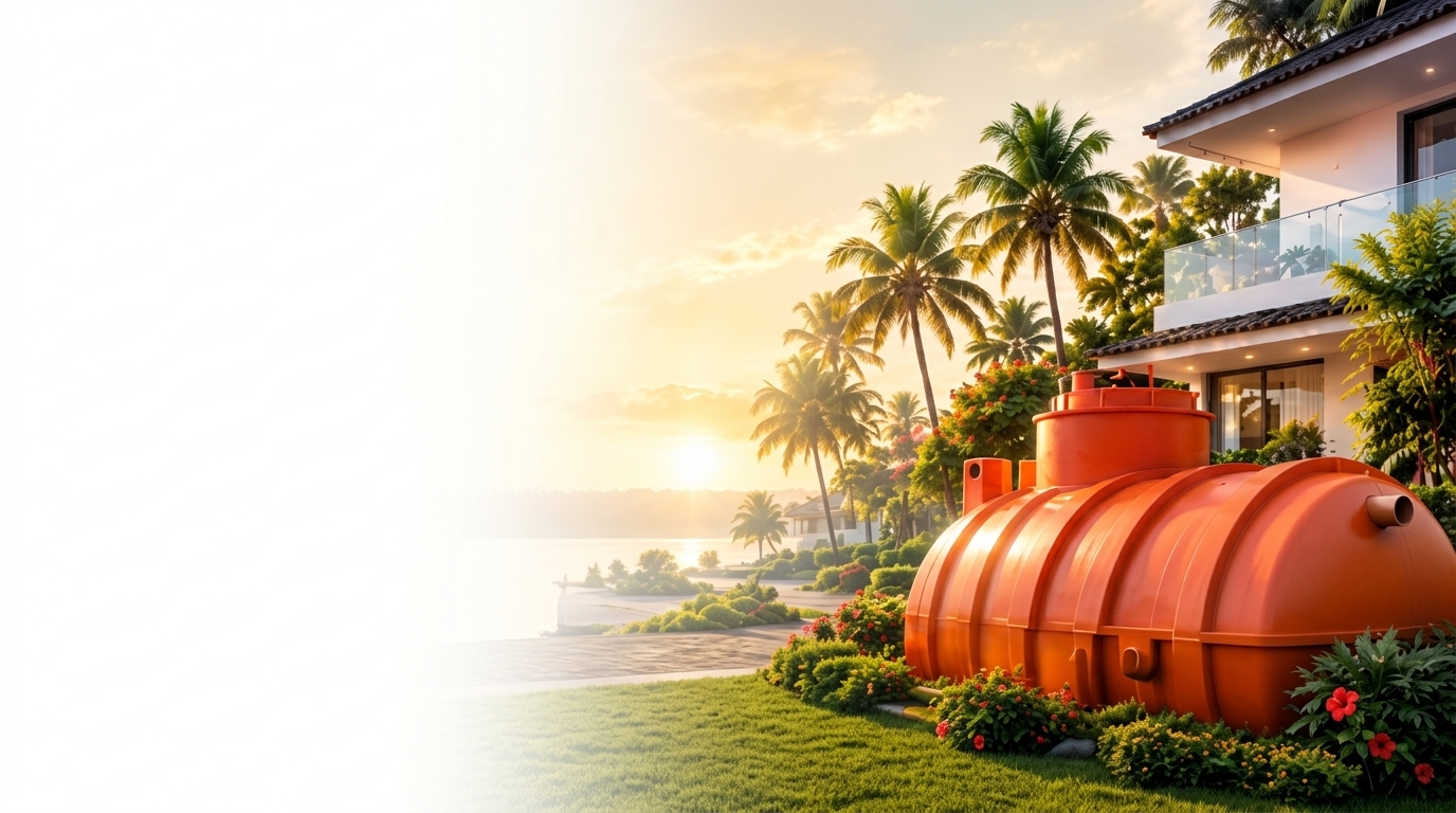 Rows of orange septic tanks outside a manufacturing facility